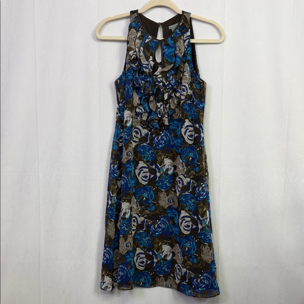 Ann Taylor Ruffle Floral Print Blue and Brown Sleeveless Halter Dress